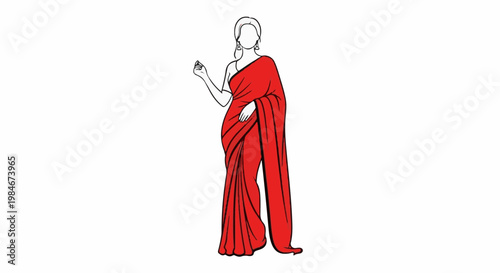 Stylized woman in a red draped sari with ornate earrings