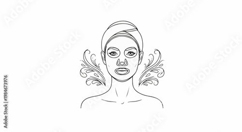 Stylized outline of a woman with a facial mask and ornate swirling designs