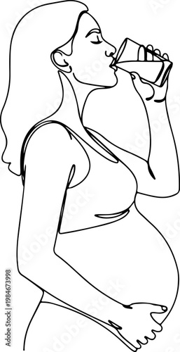 Continuous one line of a pregnant woman drinking water from a glass, healthy maternity habit vector concept promoting hydration and self-care, mother's day, and love.