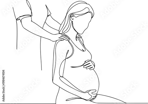 Continuous one line of a pregnant woman receiving gentle shoulder massage, maternal wellness vector design representing comfort and stress relief, mother's day, and love.