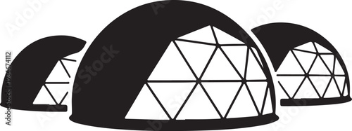 Glamping Pods Geodesic domes, flat black architecture landmark vector symbol