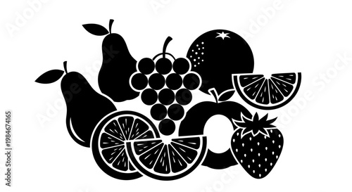 Black Silhouette Fruit Medley: Pear, Grapes, Apple, Orange, Strawberry, and Citrus Slices