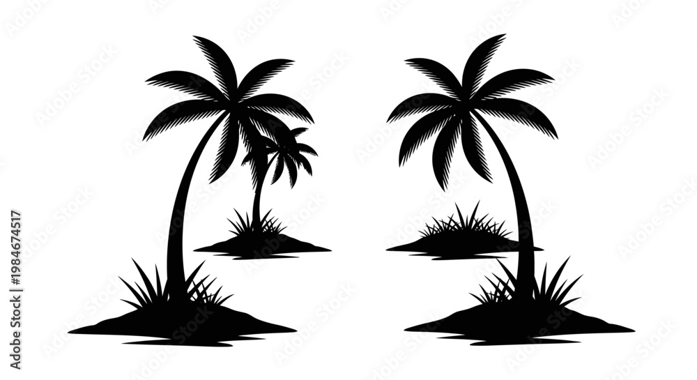 Fototapeta premium Tropical Beach Paradise Silhouettes with Palm Trees and Islands