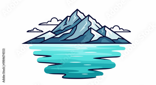 Stylized mountain range reflected in cool blue water with clouds