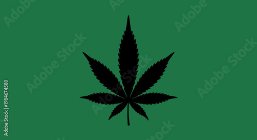 Black Cannabis Leaf Silhouette on Green Background Representing Marijuana and Lifestyle