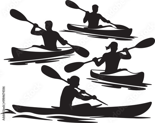Kayaking canoeing action shots with paddles mid-stroke, flat black travel vehicle vector symbol