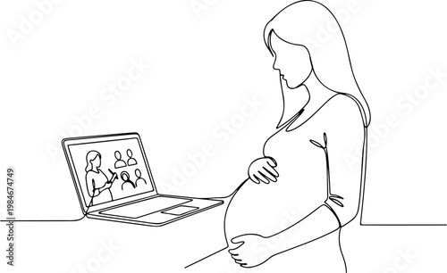 Continuous one line of a pregnant woman attending online prenatal class on laptop, digital motherhood learning vector concept symbolizing education and readiness, mother's day, and love.