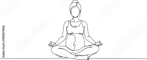 Continuous one line of a pregnant woman meditating cross-legged, peaceful prenatal wellness vector design representing relaxation and mindfulness, mother's day, and love.