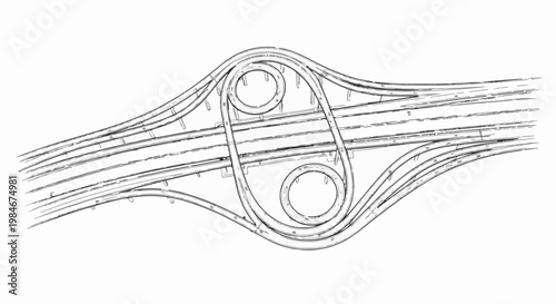 Stylized overhead view of an abstract highway interchange, rendered in black and white