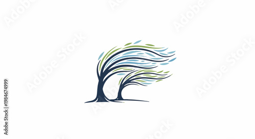 Stylized trees with flowing leaves against a white background