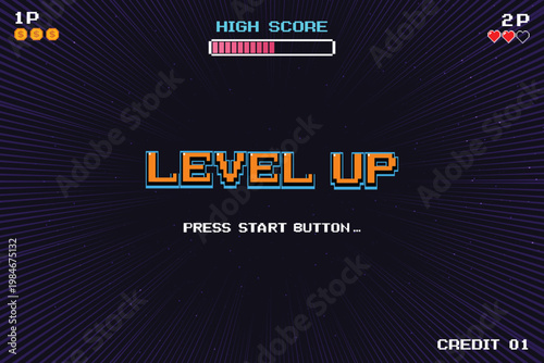 LEVEL UP icon. Pixel art 8 bit. Retro Futurism Sci-Fi Background. glowing neon grid. and stars from vintage arcade computer games