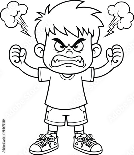 Angry boy outline vector illustration featuring furious child with clenched fists and steam cartoon coloring page isolated design