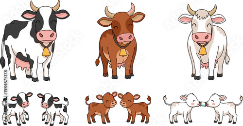 Cute Cartoon Cow and Calf Set in Black White, Brown, and Cream Colors with Bell and Family Poses Vector Illustration