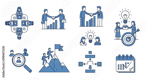 A collection of blue line icons depicting business themes such as collaborative teamwork, strategic planning, goal achievement, and professional success.