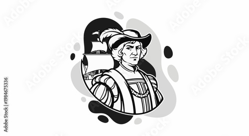 Stylized portrait of a historical figure with a feathered hat and ship in background