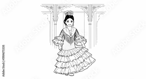 Traditional dancer in layered ruffled dress with shawl and flower