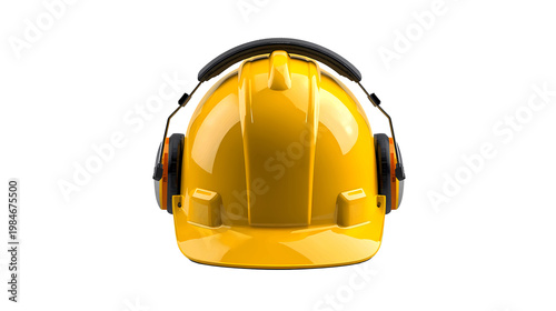 Yellow safety helmet with ear protection isolated on transparent background industrial safety gear