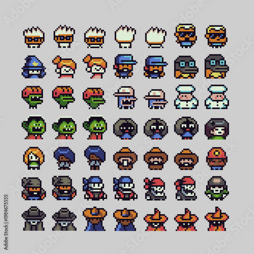 Colorful pixel art character set in retro 8-bit style, fantasy heroes, professions, creatures and NPC avatars for RPG games, UI design, profile icons and game assets.