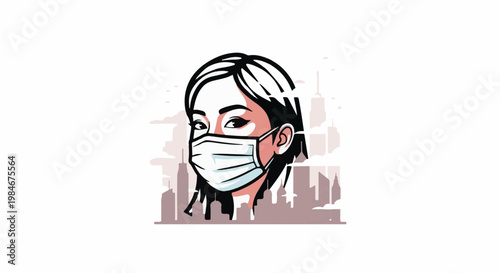 Stylized portrait of a woman wearing a face mask against a city skyline