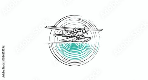 Stylized seaplane creating ripples in the water with circular motion