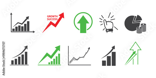 Collection of business growth and success icons on white background