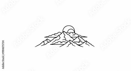 Stylized mountain peaks under a sun partially obscured by clouds