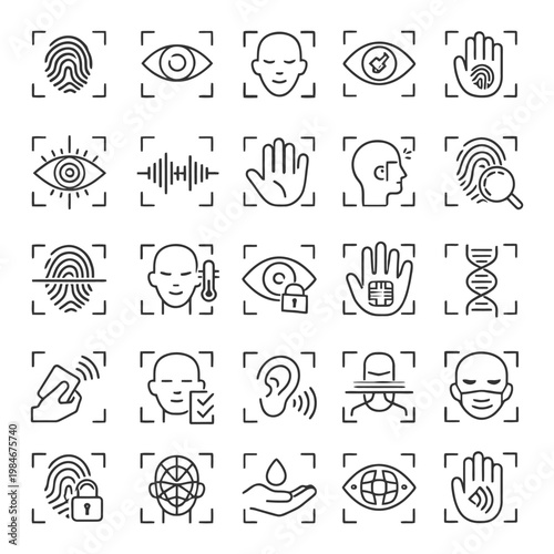 Facial and biometric recognition icons set with eye, fingerprint, voice, security.