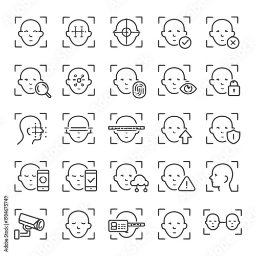 Facial recognition technology icons set featuring various identification and security symbols.