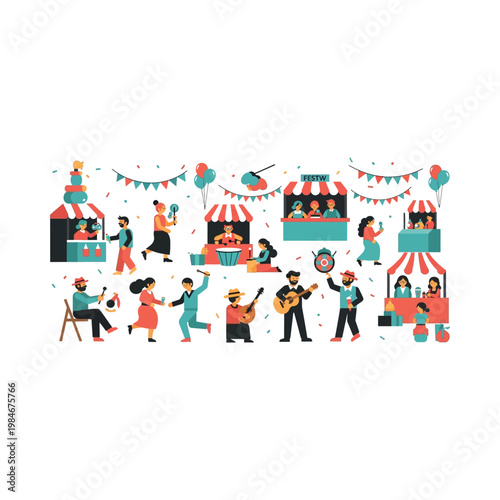 Vibrant festival scene with people enjoying music food and activities outdoors together happily
