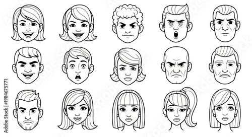 Collection of Diverse Hand Drawn Human Faces Expressing Various Emotions.