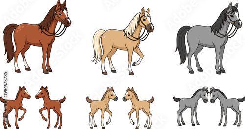 Cute Cartoon Horse and Foal Set in Brown, Palomino, and Gray Colors with Harness and Family Poses Vector Illustration