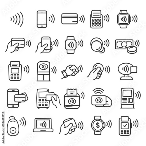 Contactless payment icons: diverse devices and methods illustrated.