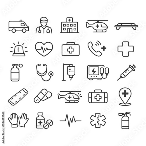 Medical emergency icons set featuring ambulance hospital and helicopter.