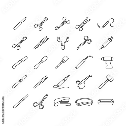 Outline icons of surgical instruments and medical tools.