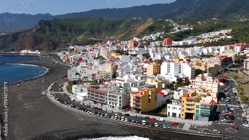 Aerial View Santa Cruz de La Palma City Waterfront and Port Canary Islands Spain; Historic Old Town Black Sand Beach and Cruise Ship Harbor