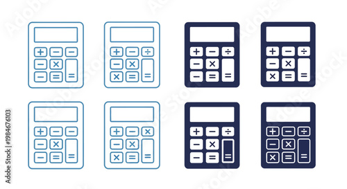 Set of minimalist calculator icons for finance, accounting, and mathematics. Digital tools for business calculations and data processing