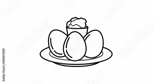 Three eggs on a plate with a dollop of something in a cup