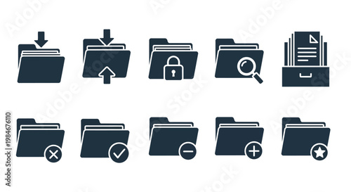 Versatile collection of minimalist folder icons illustrating essential file management operations such as adding, deleting, securing, uploading, and searching documents for digital systems