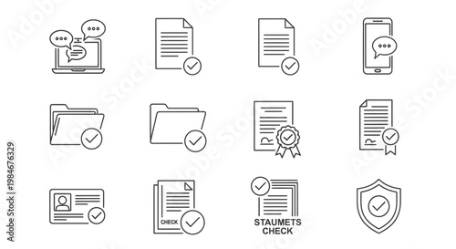 Collection of icons representing official documents, verification, and online communication for business and legal purposes