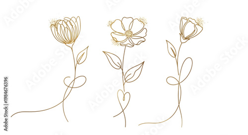 Elegant Golden Line Art Flowers Collection. Delicate minimalist botanical illustrations with decorative touches, perfect for sophisticated invitations and design projects