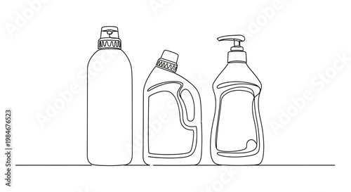 Continuous line drawing of three different cleaning product bottles with dispensers and caps, symbolizing household chores and hygiene