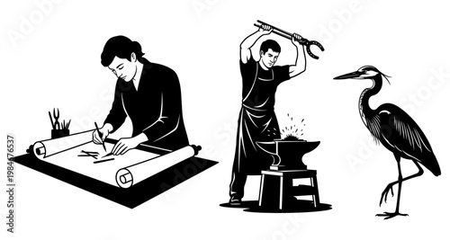Architect drafting plan with blacksmith working at anvil beside wading bird silhouette