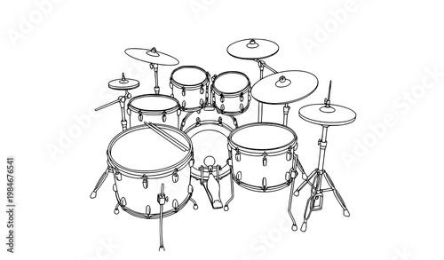Minimal black line art drum set vector illustration with cymbals and percussion instruments isolated on white background