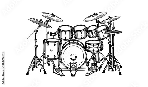 Black and white detailed drum kit illustration with cymbals snare bass drum and toms in front view vector design