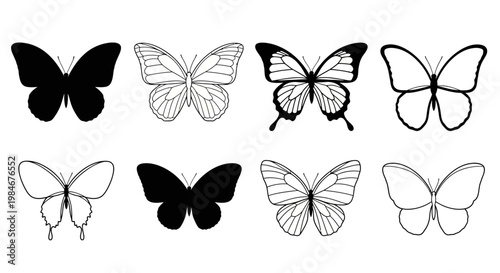 Collection of eight black and white butterfly illustrations with detailed patterns and silhouettes