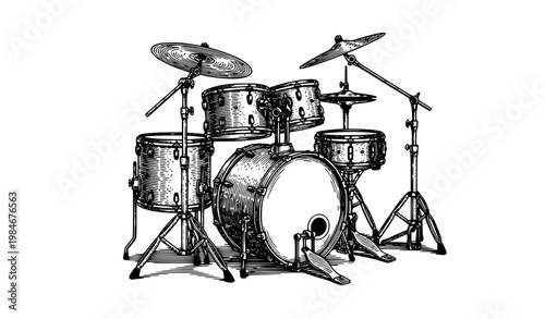 Vintage engraving style drum kit illustration with cymbals snare and tom-toms in detailed monochrome vector artwork