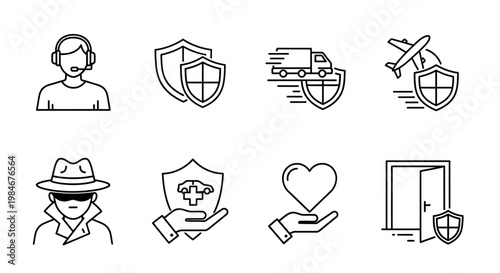 Insurance icons representing various security and protection services, including personal, travel, and home safety