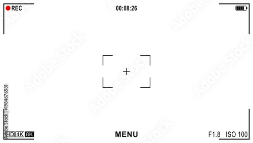 4k Video recorder in horizontal 16:9 ratio, camera frame viewfinder overlay screen on for mockup, app, and website, vector Illustration, Easy to use