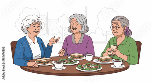 Three elderly women enjoying lunch together, chatting animatedly over sandwiches and salads