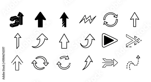 Collection of Black and White Arrow Icons Representing Direction and Movement